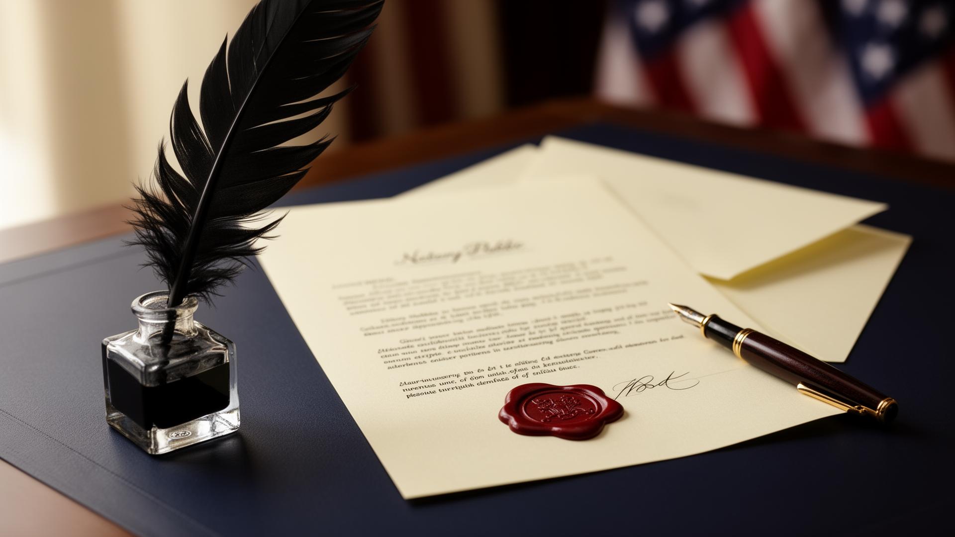 Notary desk with quill pen, sealed document and American flag